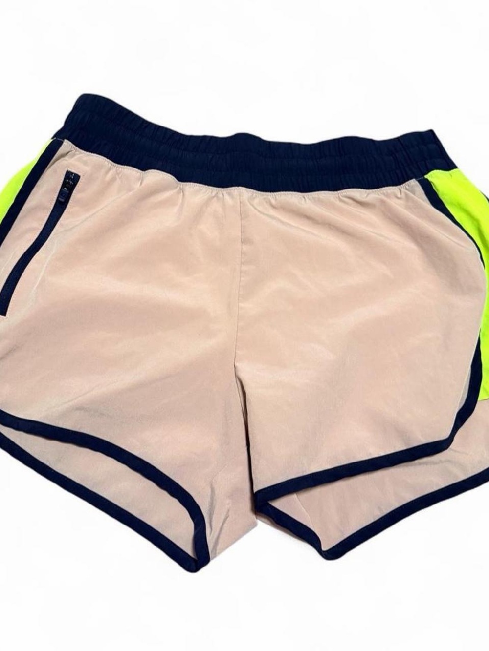 GAP Beige Athletic Shorts with Neon Yellow Panels and Navy Waist Trim